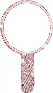 Framendino, 1 Pack Rhinestone Handheld Mirror Round Bling Glitter Cosmetic Dazzling Portable Hand Mirrors with Handle for Women Pink
