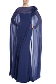 [BADGLEY MISCHKA] SHEER GEORGETTE OVERLAY GOWN US 14 BLUE