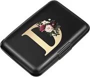 [Simikol] Hard Shell Card Holder Initail Letter Rose Flower Credit Card Case RFID Blocking Mini Wallet for Women and Girls, Letter D, D