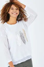 Foil Leaf Print Top--THRE-34505