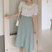 Puff Short-Sleeve Button-Up Floral Print Blouse / Asymmetrical Elastic-Waist A-Line Midi Skirt Skirt - Light Blue - L