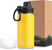 Water Bottle-16 oz Stainless Steel Double Wall Vacuum Insulated Wide Mouth Water Bottle for Back to School-Reuasble Metal Flask with Leakproof Spout Lid (Yellow)