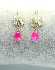 Handmade Bow Earrings Genuine Hot Pink Chalcedony Drop Gold Plated Free Shipping