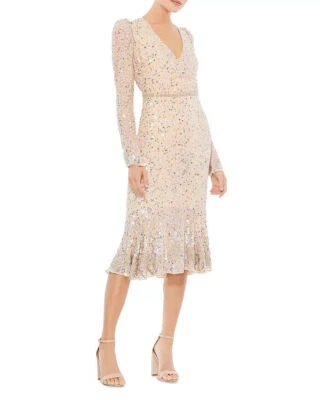 Mac Duggal V Neck Embellished A Line Dress Nude Silver Size 4