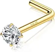 [Sanfenly] 14K Solid Gold Nose Rings Studs Hypoallergenic 20G 18G Real Gold L Shaped Nose Rings Clear Simulated Diamond 6A Cubic Zirconia Nose Piercing Jewelry for Women Men
