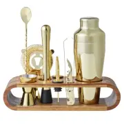 10pc Fine Foods Bar/Cocktail Maker Shaker/Muddler Drink Set Gold w/Acacia Stand