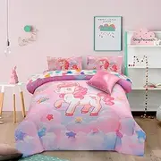 Aimuan Girls Unicorn Comforter Set 6 Pieces Pink Purple Bedding Set with Rainbow Star Galaxy Stars Fantasy Children Room Decor Soft Reversible Bed Sets for Boys/Girls/Teens (Pink, Full 6Pcs)