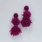 E0935 Fuchsia Color Beads Deco Triple Flower Shapes Linked Drop Dangle Earrings