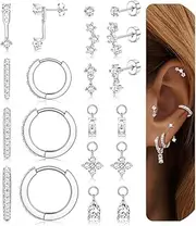 [FIBO STEEL] Hypoallergenic Flat Back Earrings for Women | 14K Gold Plated Surgical Stainless Steel Hoop Cartilage Earring Set Small FlatBack Stud Stack with CZ Charm Helix Conch Tragus Piercing Jewelry