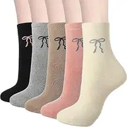 [Shyyween] 5 Pairs Bow Warm Thick Socks for Women Cute Embroidery Socks Winter Thermal Warm for Ladies, Black, Pink, Light Gray, Khaki, White, 5-10