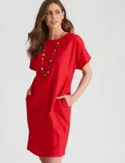 W. Lane Linen Embroidered Shift Dress - Size 14 - Womens - RED