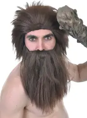 Stone Age Mens Brown Caveman Wig and Beard Set