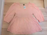 2 Torrid Peach Eyelet Smocked Lined Babydoll 3/4 Sleeve Top Shirt 2X 18 20