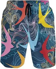 [GuoChe] Men's Beach Shorts Colorful Swallows Birds Animal Blue Quick Dry Beachwear Sports Running Swim Board Shorts Pants with