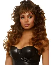 Curly Long Brown Wig with Half Pony