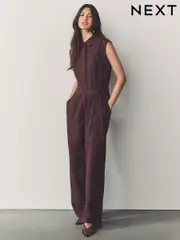 Burgundy Red Short Sleeve Tie Waist Placket Detail Jumpsuit (AJ5870) | $47