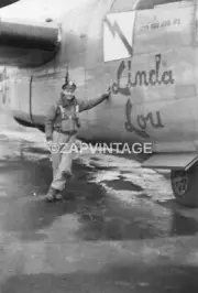 Vintage Black & White Pilot Leaning On Linda Lou Aircraft Plane Photo #2526