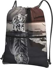 EdWal Cat Pictures Big Tiger Print Drawstring Backpack Gym Bags Sports Bags With Zipper Pocket For Travel Beach, Black, One Size
