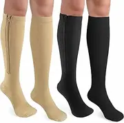 CASMON 2 Pairs Zipper Compression Socks for Women & Men,15-20 mmHg Closed Toe Knee High Support Sock for Varicose Vein Edema