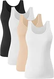 [Knuffnee] Women's Stretch Undershirt Basic Tank Tops Workout Vests Tops Pack of 4, Black/White/Beige/White, M