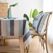 Catzon Striped Cotton Linen Tablecloth Tassel Square Tablecloth-Blue