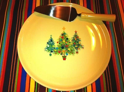 Fiesta Christmas 12" Trio Trees Cake Plate & Server Set Made In USA, NIB