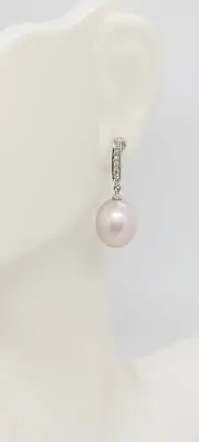PINK drop Pearl 14k White Gold Diamonds Earrings 12-10mm OVAL Pearl Push Back