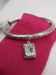VTG Trifari Scroll Design Bangle Bracelet Silvertone Crystal Dangle Charm 1980's