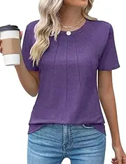 [Cuptacc] Women's Crew Neck T-Shirt with Pleats Elegant T-Shirt Loose Short Sleeve Tunic Women's Summer Floral/Plain Top