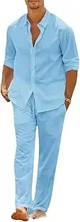 [HanzhuoLG] Men's Casual Tracksuit Set Solid Color Loose Lapel Long Sleeve Cardigan Shirts & Pants Two Piece Set Large Sky Blue