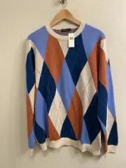 Paul Frederick Men’s NWT Size XL Navy Blue & Rust Argyle 100% Cotton Sweater