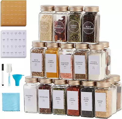 25 Pcs Spice Jars with Label- Glass Spice Jars with Gold Metal Caps,Shaker Lids,
