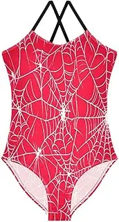 [RPLIFE] White Spiderwebs Red Kids Swim Suit with Adjustable Shoulder Strap, Beach Swimwear, 3-10