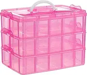 SGHUO 3-Tier Pink Craft Storage Container Box, Stackable Organizer Box with Dividers for Art Supplies, Beads, Washi Tapes, Seed, Hair Accessories, Nail, 9.5X6.5X7.2in