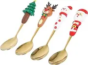 MOLUCKFU 4pcs Long Handle Teaspoons Cartoon Christmas Design for Stirring Tea Coffee Desserts Stainless Steel Spoons for Holiday Parties Present for Loved Ones