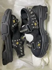 Gucci Sandals FLASHTREK Studded Black Leather Adjustable Flat Shoes Size 7EUR,IT