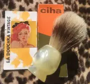 1950s SHAVING BRUSH~MARBLED PEARLY LUCITE HANDLE & BADGER HAIR~MADE IN SPAIN~NEW