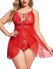 [Avidlove] Plus Size Babydoll for Women Snap Button Closure V Neck Lace Nightdress Mesh Sleepwear