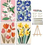 4 Pack Paint by Numbers Kit for Adults with Framed, Simple Flowers Easy Paint by Number Kits On Canvas with Wooden Easel, Floral Painting by Numbers for Beginner Gift Home Decor 8x12 in