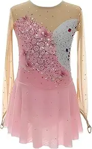 [Zagitova] Girls' Ice Figure Skating Dress Stretch Mesh Diamond Hook Sleeves Skating Dance Costumes, Customizable