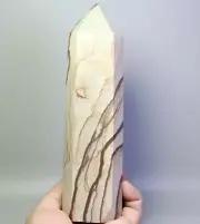 1.77lb Natural Polished Wood Grain Stone Quartz Crystal Tower Obelisk Wand Point