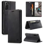 AutSpace For Samsung Galaxy S21 FE Case RFID Blocking Retro Flip Premium Leather Card Holder Wallet Cover - Black