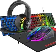 4 in1 UK Layout 104Keys Wired Gaming Keyboard Mouse and Headset Set Rainbow LED