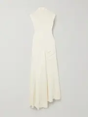 [Victoria Beckham] Victoria Beckham - Asymmetric Ribbed-knit And Draped Crepe Turtleneck Dress - Cream - UK 12 UK 12 Cream