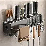 Kitchen Utensil Rack Wall Mounted, Spice Organizer Shelf, Hanging Storage Rack with Hooks, Cutlery Knife Holder for Knives Spoons Forks Chopsticks Towel 40cm/15.7in (Black)