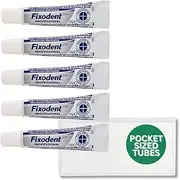 [Fixodent] Dental Adhesive Cream 10g Pocket Sized Travel Sized Tubes, TSA-Approved Travel Sized Denture Adhesive w/ 1 Travel Zipper Pouch (Pack of 5 Tubes)