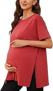 [Liu & Qu] Womens Maternity Shirts Short Sleeve Split Side Casual Pregnancy Clothes Crewneck Loose Maternity Tops