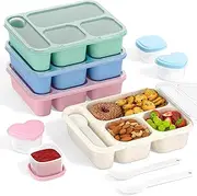4 Pack Bento Lunch Box Set, 3-Compartment 1000ml Wheat Straw Meal Prep Containers for Kids & Adults, 4 Salad Dressing Container to Go, Microwave Safe