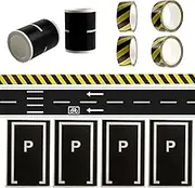 EKIND Black Road Set 2 Rolls 196"X2" Straight Track Road Sticker Tape, 4 Pcs 196"X0.6" Black and Yellow Warning Tape, 4 Pcs Parking Space Stickers, Toy Car DIY Traffic Road Removable Tape (Set B)