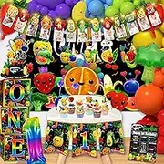 124pcs Fruit 1st Birthday Decorations, Dancing Fruit 1st Birthday Decorations Fruit Party Decorations Swirls Banner cupcake topper Backdrop Fruit Balloons Arch Set for Baby
